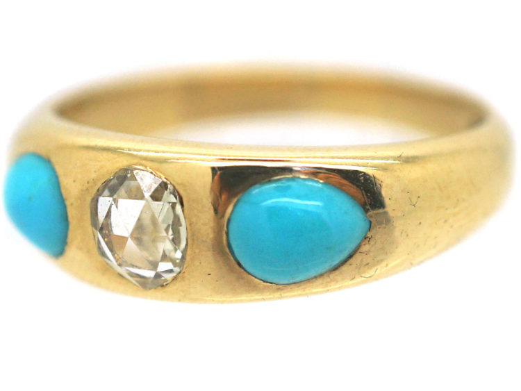 Victorian 18ct Gold, Rose Diamond & Pear Shaped Turquoise Forget Me Not Ring