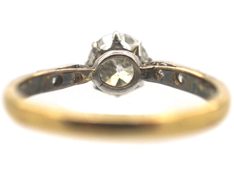 Art Deco 18ct Gold & Platinum, Diamond Solitaire Ring with Diamond Set Shoulders