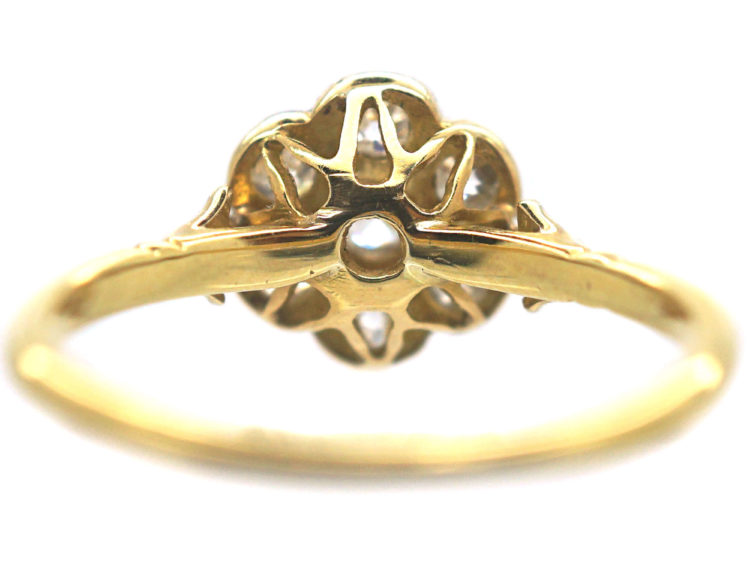 Edwardian 18ct Gold & Platinum Diamond Cluster Ring with Fleur de Lis Shoulders