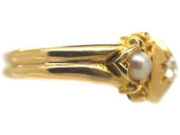 Edwardian 18ct Gold Diamond & Two Natural Split Pearls Ring
