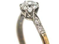Art Deco 18ct Gold & Platinum, Diamond Solitaire Ring with Diamond Set Shoulders