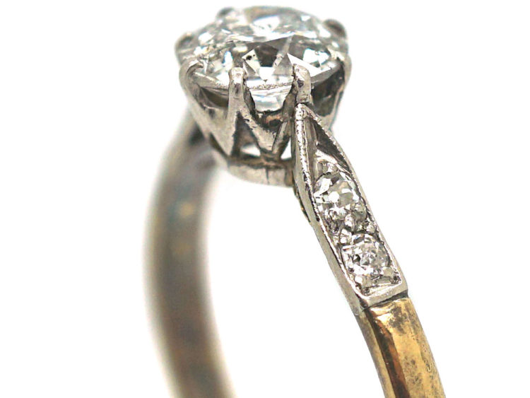Art Deco 18ct Gold & Platinum, Diamond Solitaire Ring with Diamond Set Shoulders