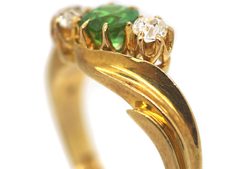 Edwardian 18ct Gold, Green Garnet & Diamond Crossover Ring