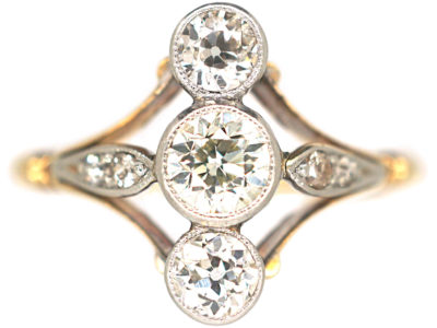 Art Deco 18ct Gold & Platinum, Three Stone Diamond Ring with Diamond Set Shoulders