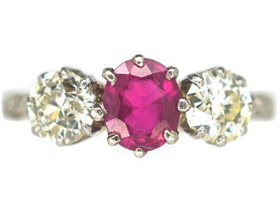 Art Deco 18ct Gold & Platinum, Three Stone Ruby & Diamond Ring