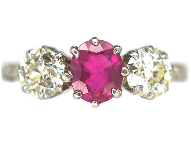 Art Deco 18ct Gold & Platinum, Three Stone Ruby & Diamond Ring