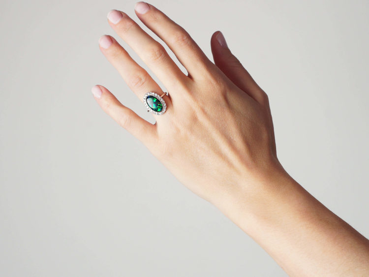 Edwardian 18ct White Gold & Platinum, Black Opal & Diamond Oval Cluster Ring