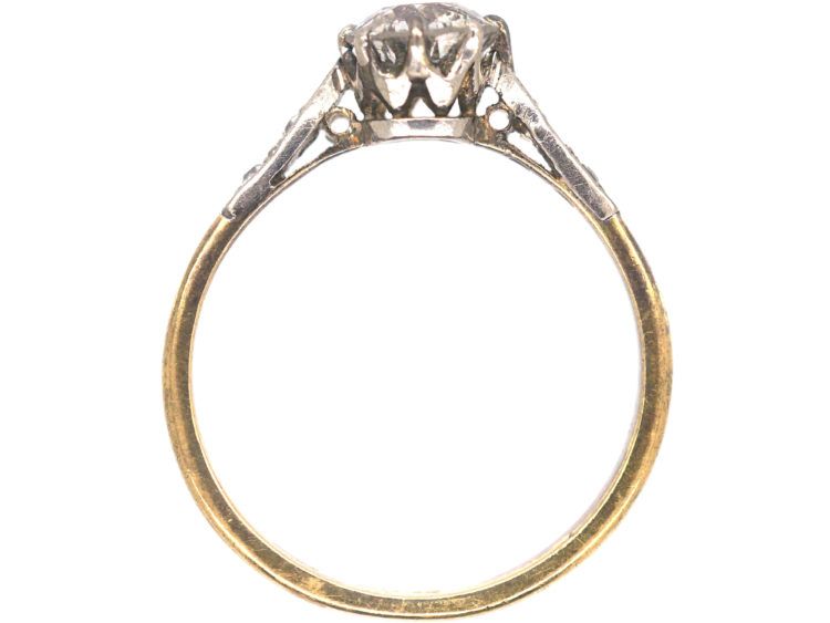 Art Deco 18ct Gold & Platinum, Diamond Solitaire Ring with Diamond Set Shoulders
