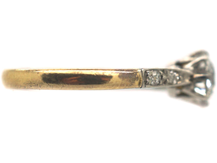 Art Deco 18ct Gold & Platinum, Diamond Solitaire Ring with Diamond Set Shoulders