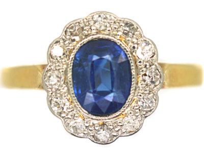 Edwardian 18ct Gold & Platinum, Sapphire & Diamond Oval Cluster Ring