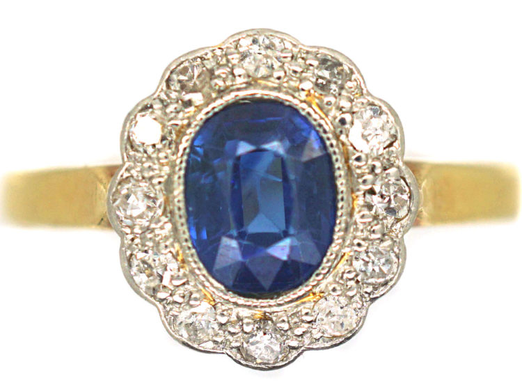 Edwardian 18ct Gold & Platinum, Sapphire & Diamond Oval Cluster Ring