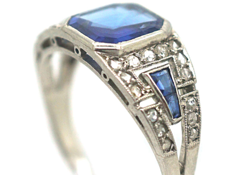 French Art Deco Platinum, Sapphire & Rose Diamond Ring