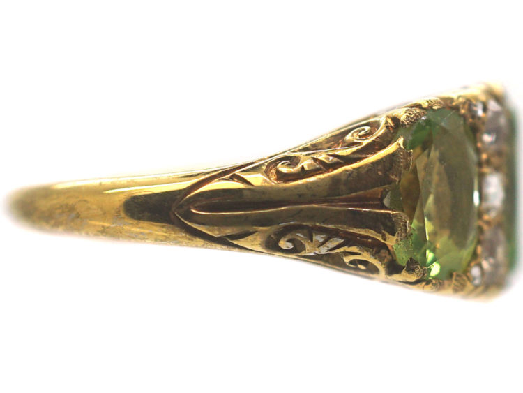 Victorian 18ct Gold, Peridot & Diamond Carved Half Hoop Ring