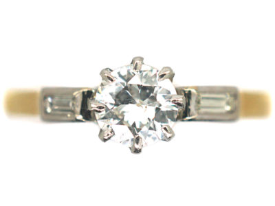 18ct Gold & Platinum, Diamond Solitaire Ring with a Baguette Diamond on Either Side