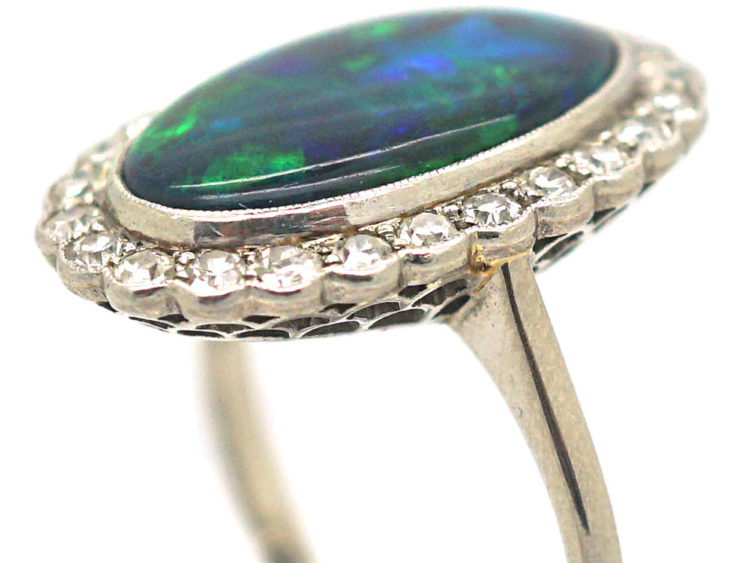 Edwardian 18ct White Gold & Platinum, Black Opal & Diamond Oval Cluster Ring