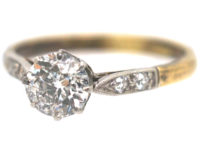 Art Deco 18ct Gold & Platinum, Diamond Solitaire Ring with Diamond Set Shoulders