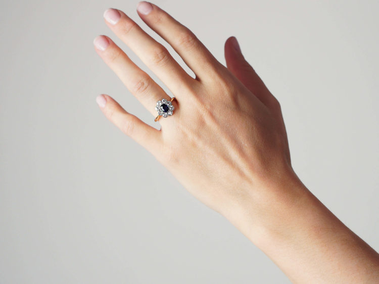 Edwardian 18ct Gold & Platinum, Sapphire & Diamond Oval Cluster Ring