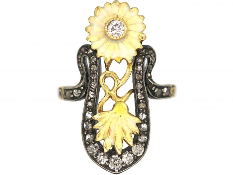Art Nouveau 18ct Gold Diamond & Enamel Flowers Ring