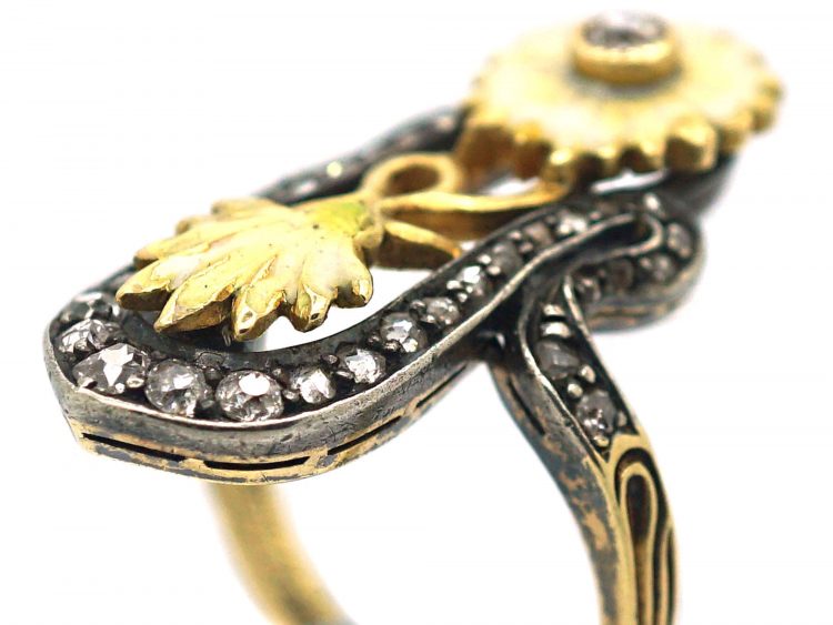 Art Nouveau 18ct Gold Diamond & Enamel Flowers Ring