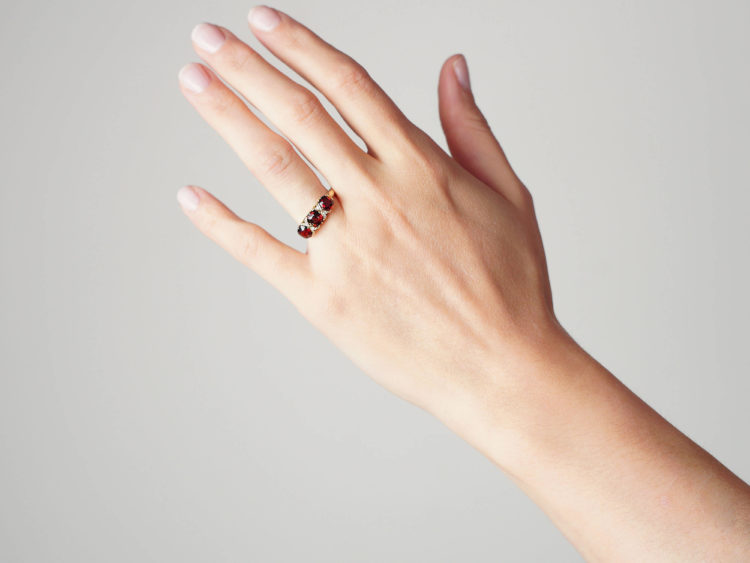 Edwardian 18ct Gold, Three Stone Garnet & Diamond Ring