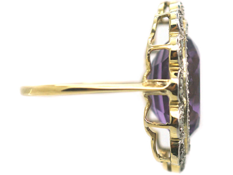 Edwardian 18ct Gold & Platinum, Amethyst & Rose Diamond Cluster Ring
