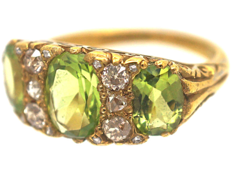 Victorian 18ct Gold, Peridot & Diamond Carved Half Hoop Ring