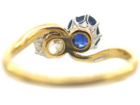 Edwardian 18ct Gold & Platinum Sapphire & Diamond Crossover Ring