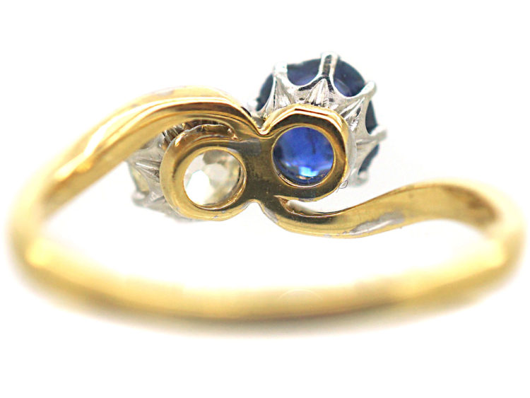 Edwardian 18ct Gold & Platinum Sapphire & Diamond Crossover Ring