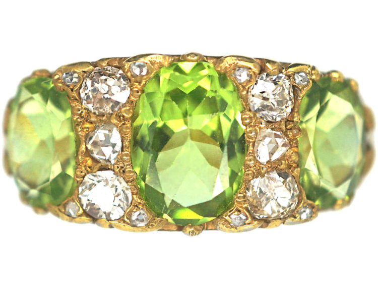 Victorian 18ct Gold, Peridot & Diamond Carved Half Hoop Ring