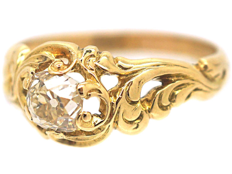 Victorian 18ct Gold Solitaire Ring with Foliate Shoulders