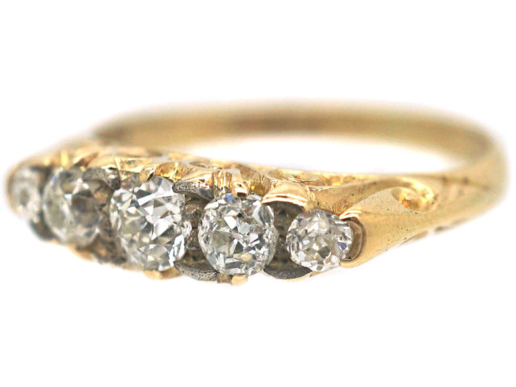 Edwardian 18ct Gold Five Stone Diamond Carved Half Hoop Ring
