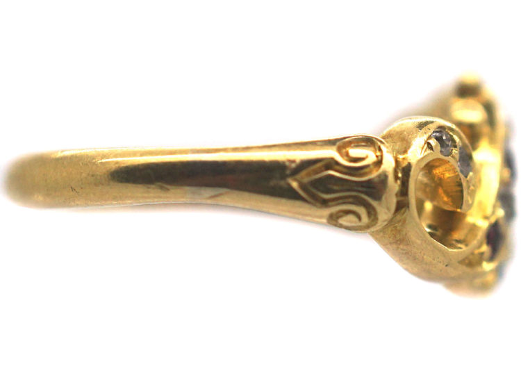Edwardian 18ct Gold Double Crossover Ring set with Sapphires, Rubies & Diamonds