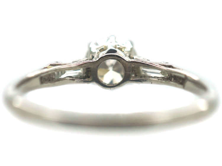 Art Deco Platinum & Diamond Solitaire Ring with Baguette Diamond Shoulders