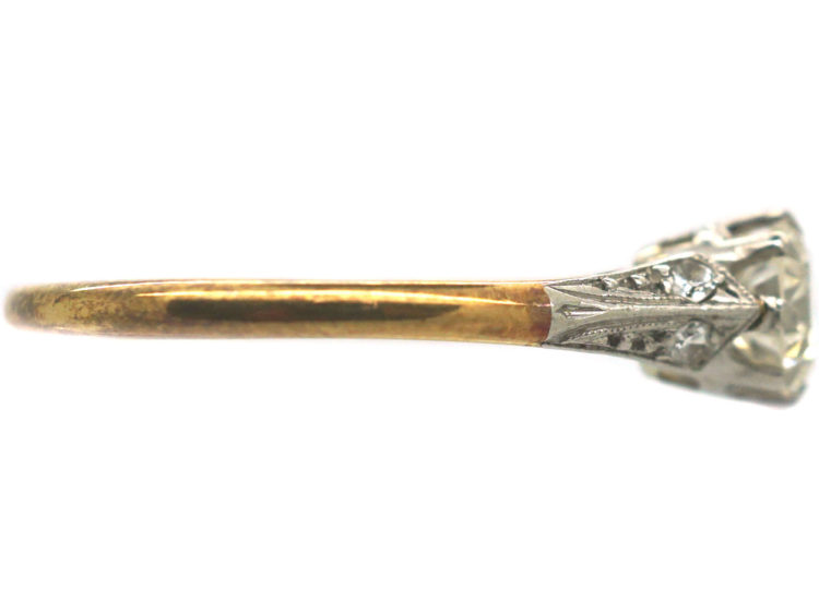Art Deco 18ct Gold & Platinum, Diamond Solitaire Ring with Diamond Set Shoulders