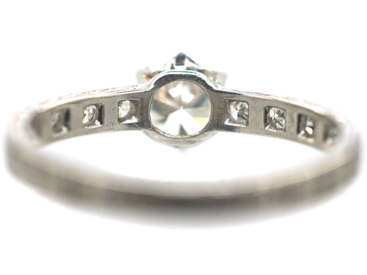 Art Deco Platinum Diamond Solitaire Ring with Diamond Set Shoulders