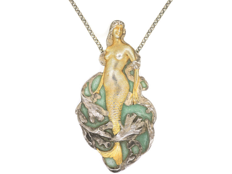Art Nouveau Plique-a-Jour Silver Pendant of a Mermaid on Silver Chain