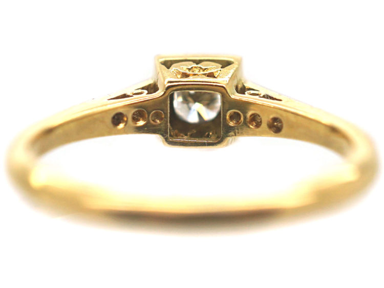 Art Deco 18ct Gold & Platinum, Diamond Solitaire Ring with Diamond Set Shoulders