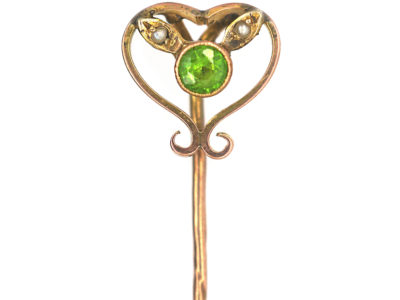 Edwardian 15ct Gold Green Garnet & Natural Split Pearl Heart Shaped Tie Pin