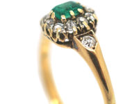 Edwardian 18ct Emerald & Diamond Cluster Ring with Diamond Set Shoulders