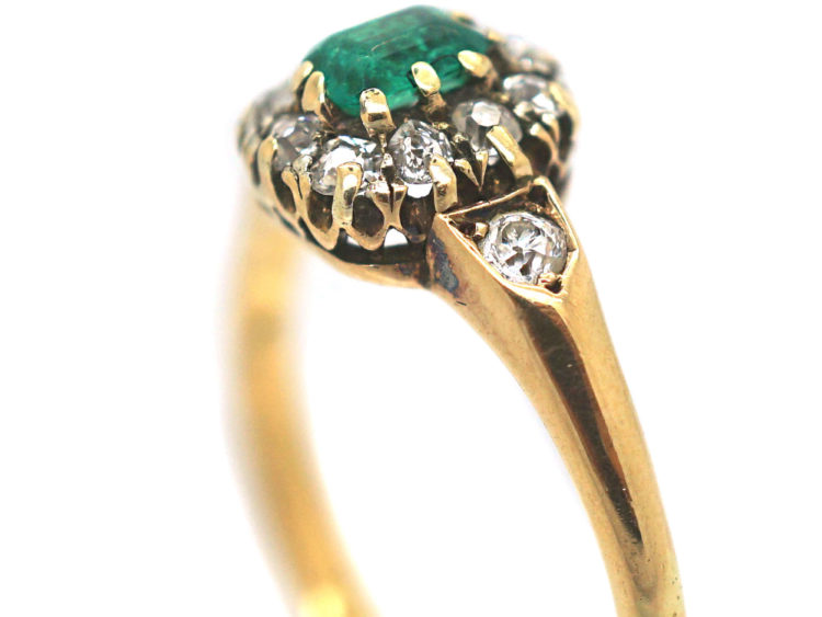 Edwardian 18ct Emerald & Diamond Cluster Ring with Diamond Set Shoulders