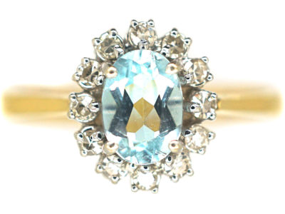 18ct Gold Aquamarine & Diamond Oval Cluster Ring