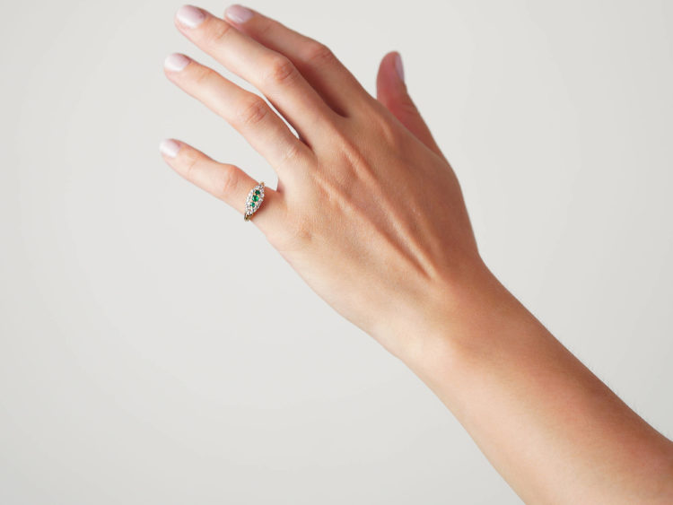 Edwardian 18ct Gold Emerald & Diamond Boat Shaped Ring