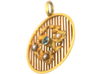 Edwardian 15ct Gold Aquamarine & Natural Split Pearl Round Pendant