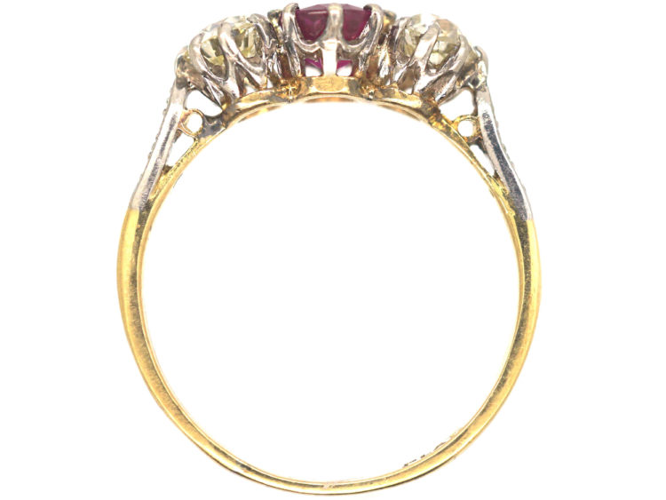 Art Deco 18ct Gold & Platinum, Three Stone Ruby & Diamond Ring