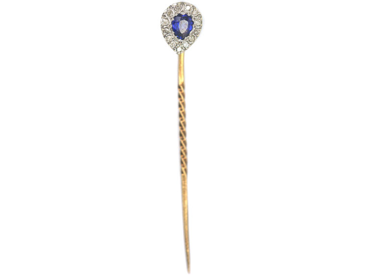 Edwardian 15ct Gold & Platinum, Heart Shaped Sapphire & Diamond Tie Pin