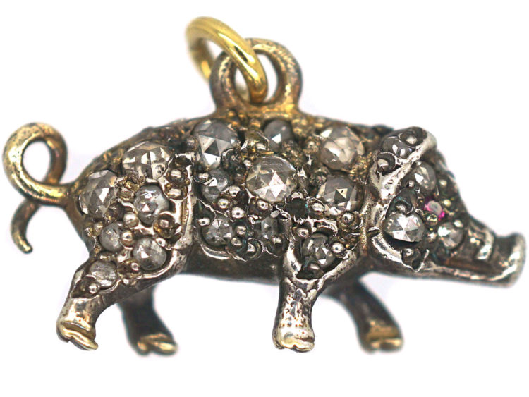 Rose Diamond Set Pig with Ruby Eyes