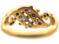 Edwardian 18ct Gold Double Crossover Ring set with Sapphires, Rubies & Diamonds