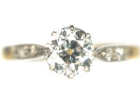Art Deco 18ct Gold & Platinum, Diamond Solitaire Ring with Diamond Set Shoulders