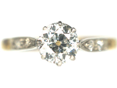 Art Deco 18ct Gold & Platinum, Diamond Solitaire Ring with Diamond Set Shoulders
