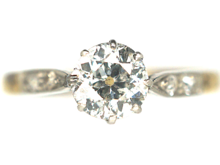 Art Deco 18ct Gold & Platinum, Diamond Solitaire Ring with Diamond Set Shoulders